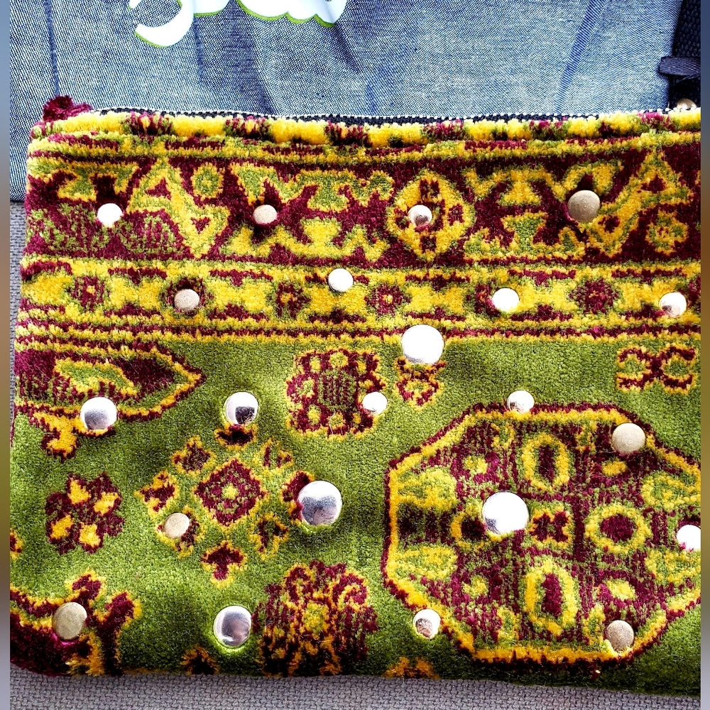 Moroccan Olive Green Studded Patterned Carpet Wristlet Clutch Handmade NWT